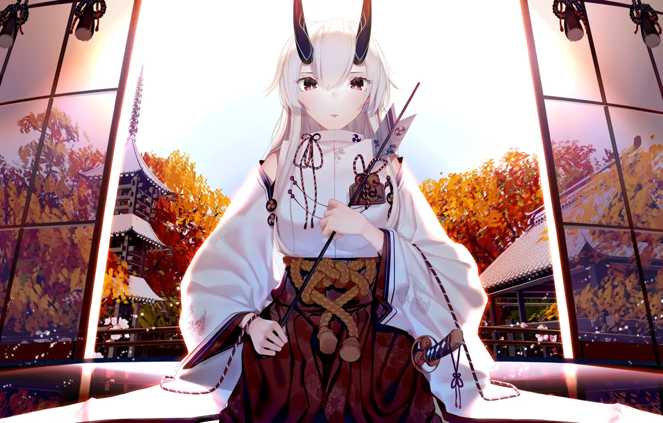 Фото обои осень, девушка, деревья, фэнтези, рога, стрела, Fate / Grand Order, Tomoe Gozen