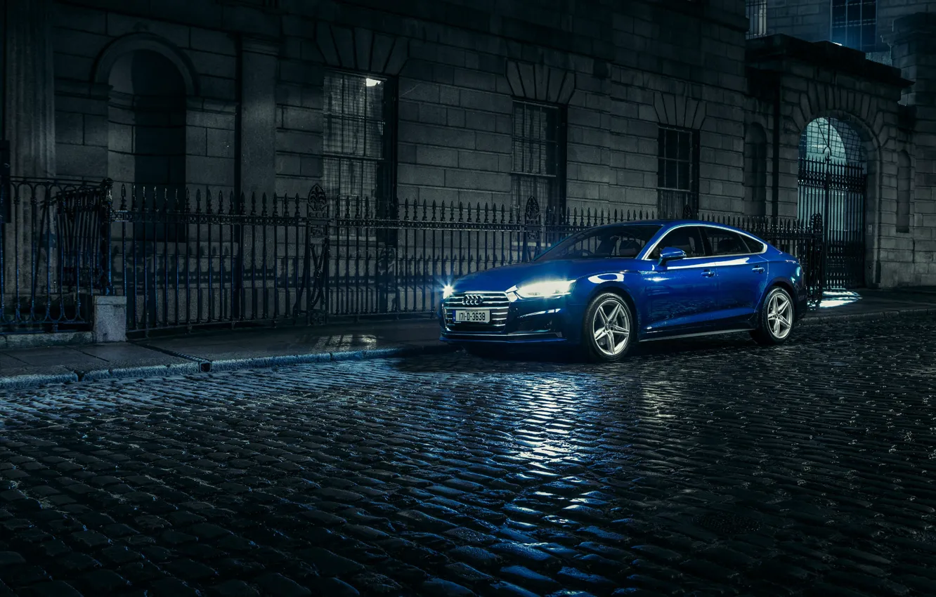 Фото обои Audi, Ночь, Синий, Улица, Автомобиль, 2.0, Sportback, 2017
