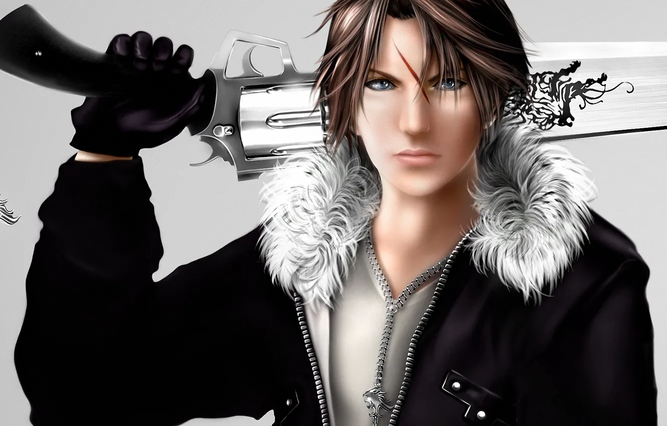 Фото обои оружие, арт, куртка, кулон, парень, цепочка, Final Fantasy, револьвер