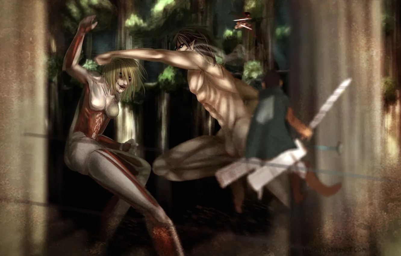 Фото обои лес, девушка, злость, солдаты, сражение, art, гиганты, shingeki no kyojin