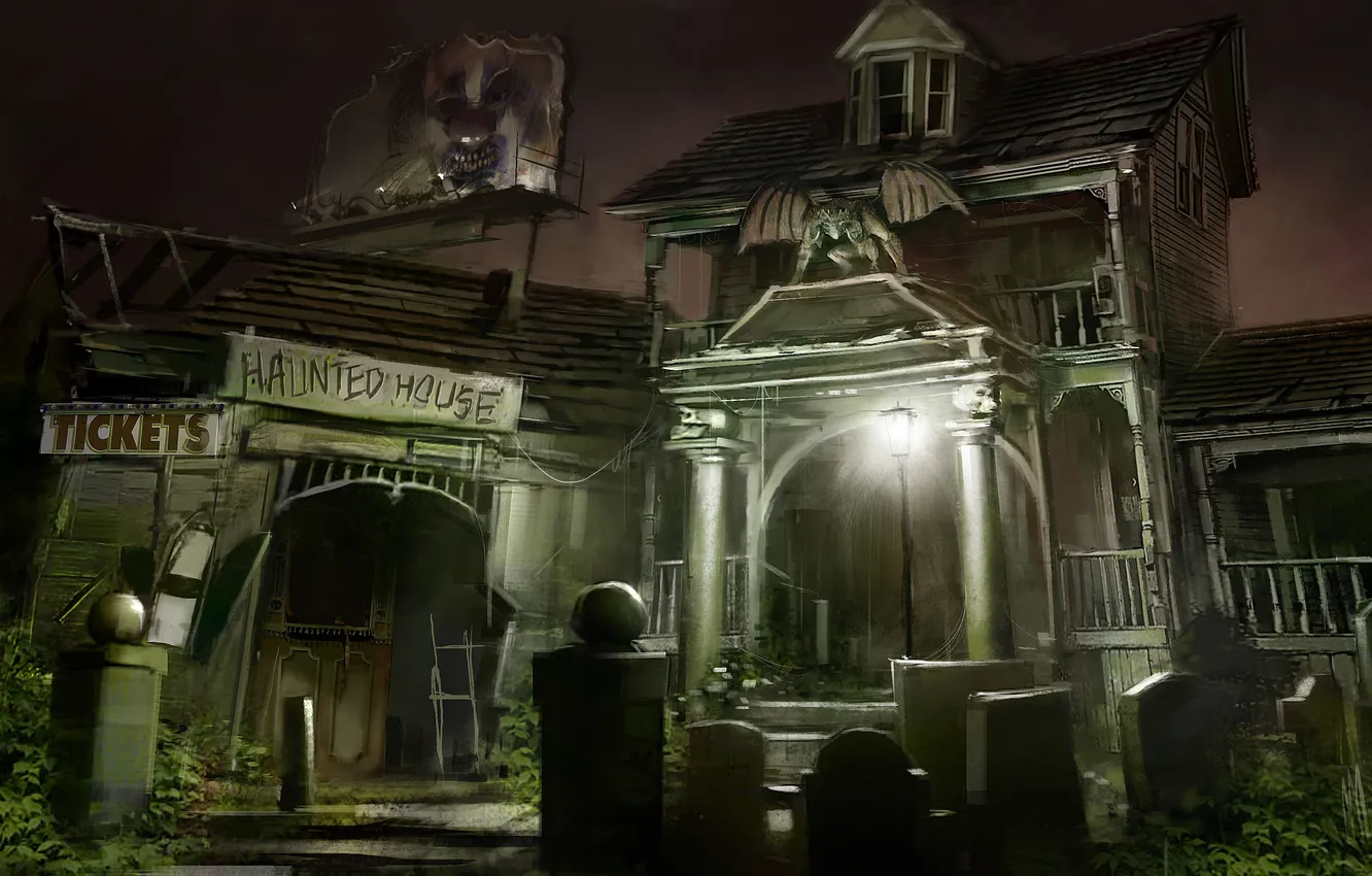 Фото обои ночь, дом, фонарь, кладбище, касса, гаргулья, билборд, с призраками