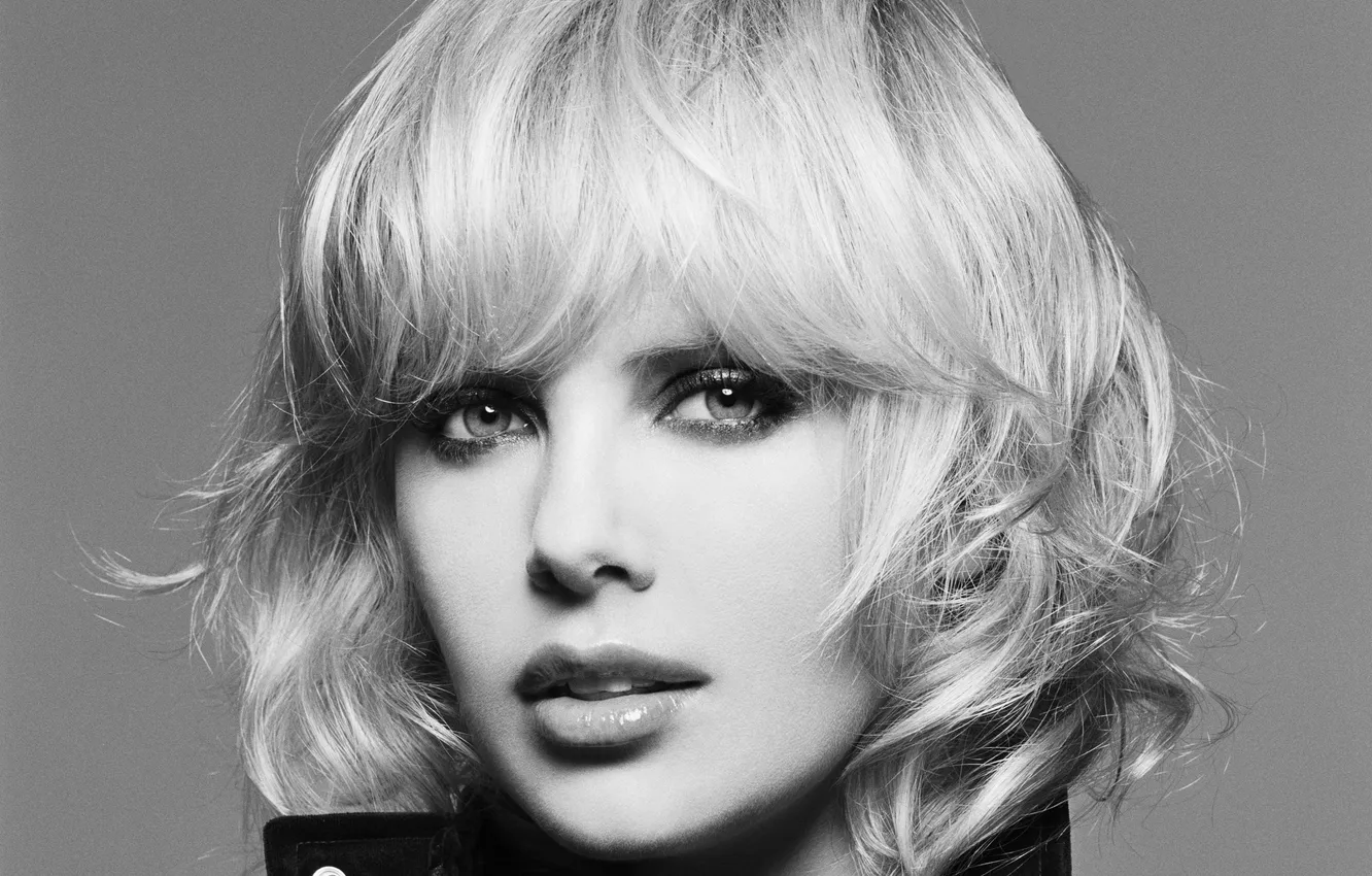 Фото обои взгляд, Charlize Theron, чёрно-белое, Шарлиз Терон