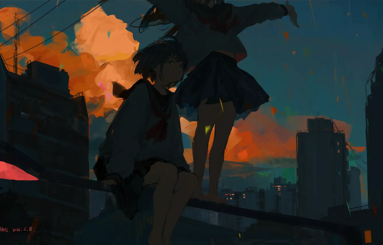 Фото обои закат, город, девушки, фонарь, школьницы