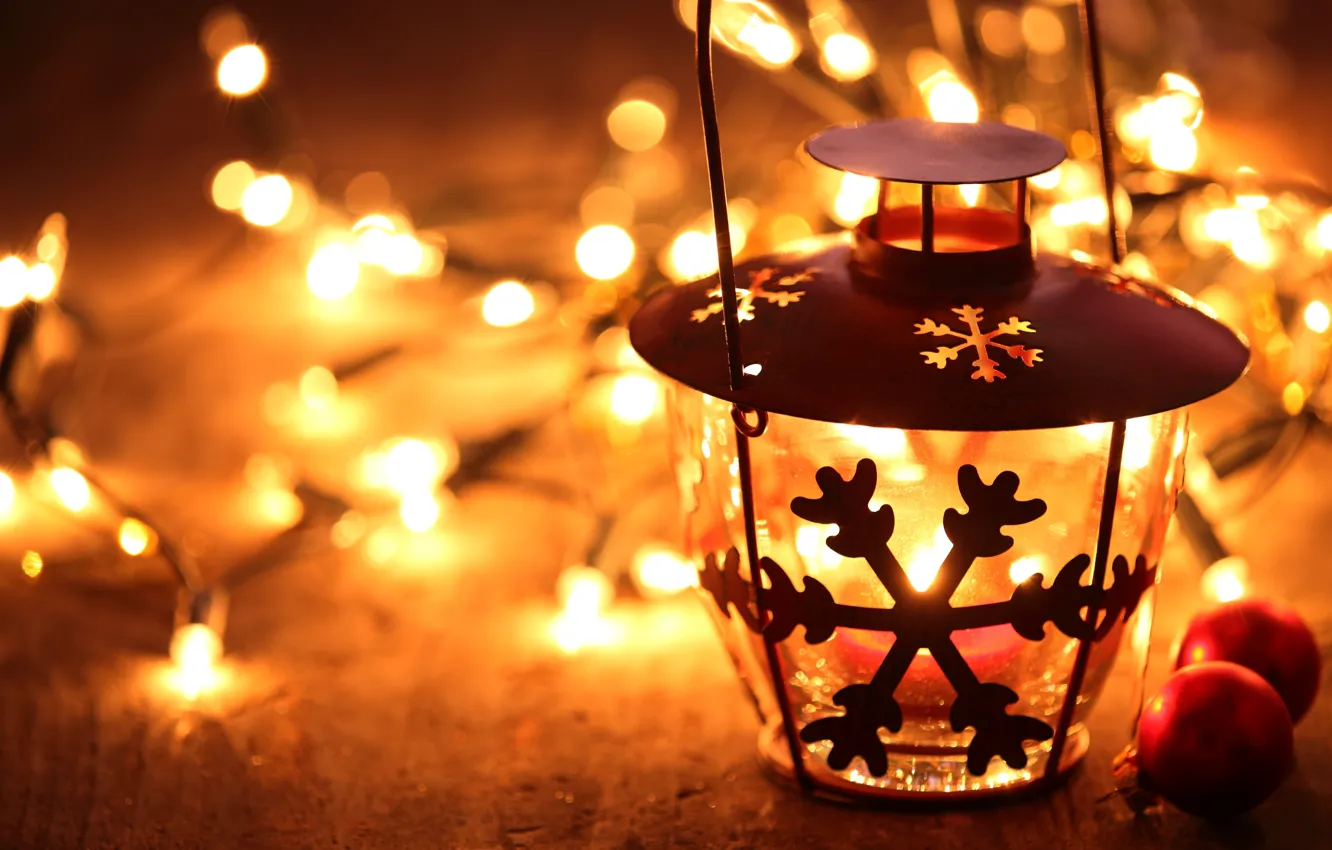 Фото обои зима, свет, огни, игрушки, свеча, Новый Год, Рождество, фонарь
