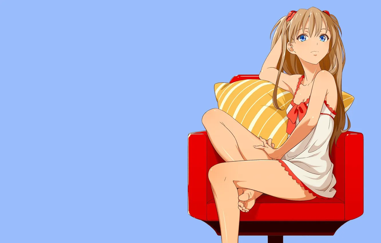 Фото обои neon genesis evangelion, long hair, chair, anime girls, nightwear, asuka langley soryu