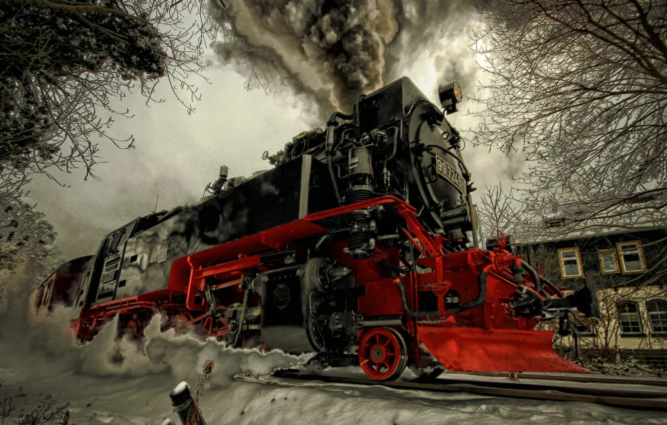 Фото обои зима, снег, паровоз
