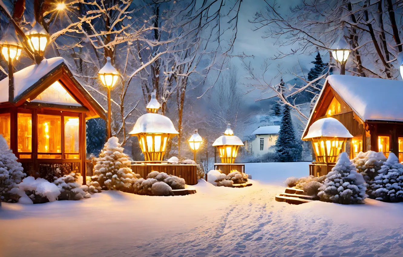 Фото обои зима, снег, ночь, Рождество, фонарь, Новый год, Christmas, night