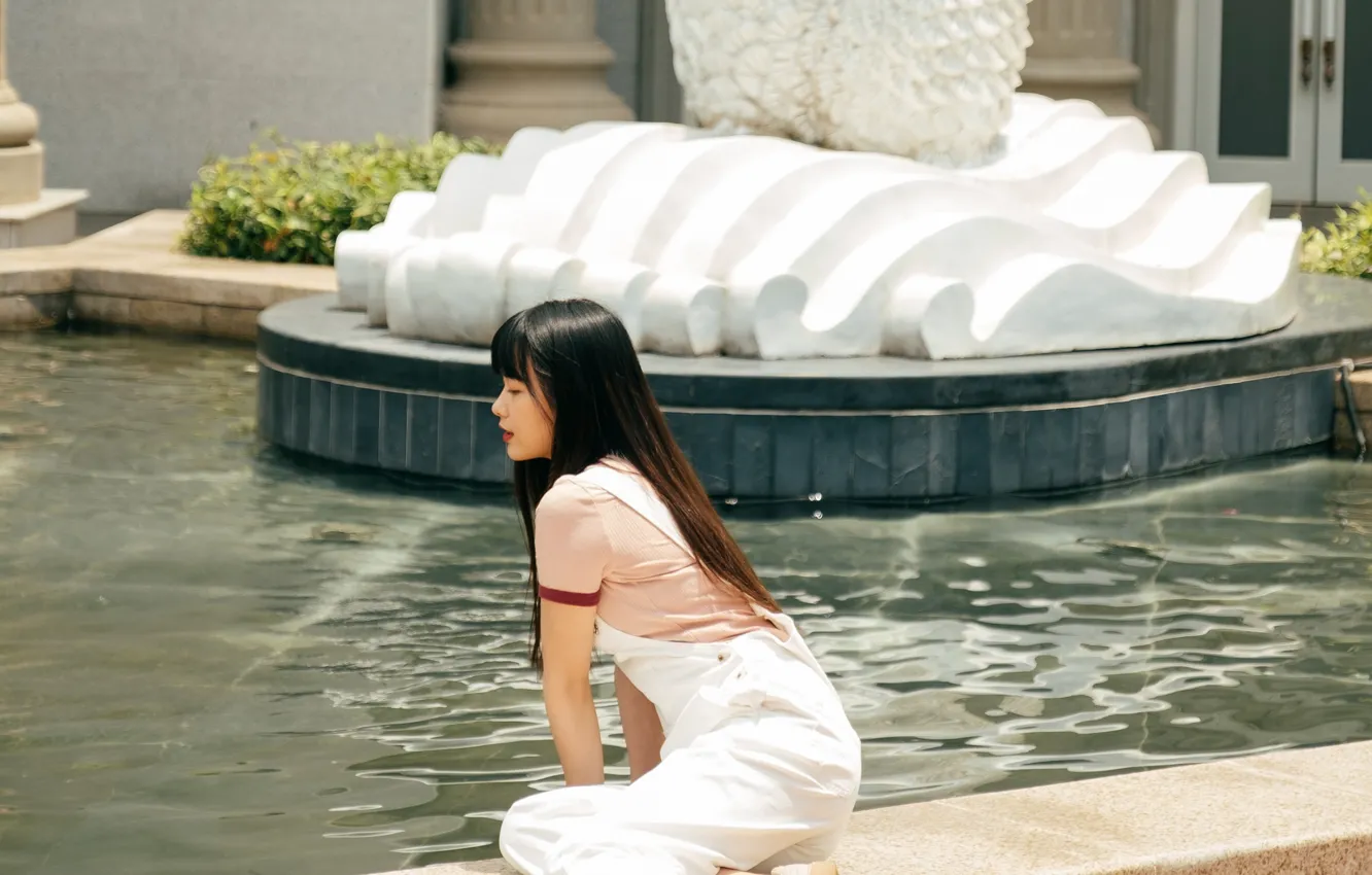 Фото обои Asian, Model, Water, pretty, Woman, Outdoor, Fountain