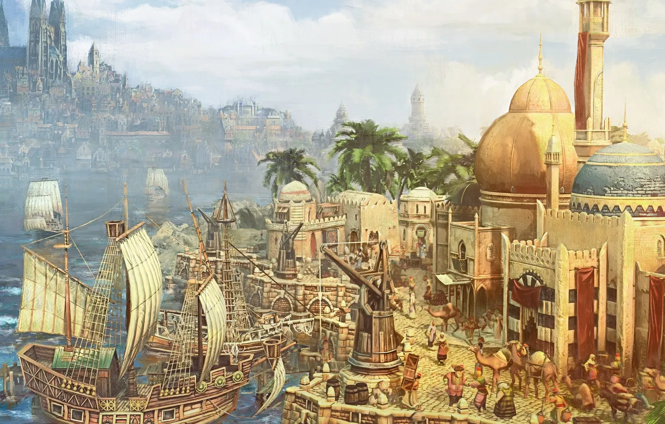 Фото обои море, город, корабль, здания, парусник, Anno 1404