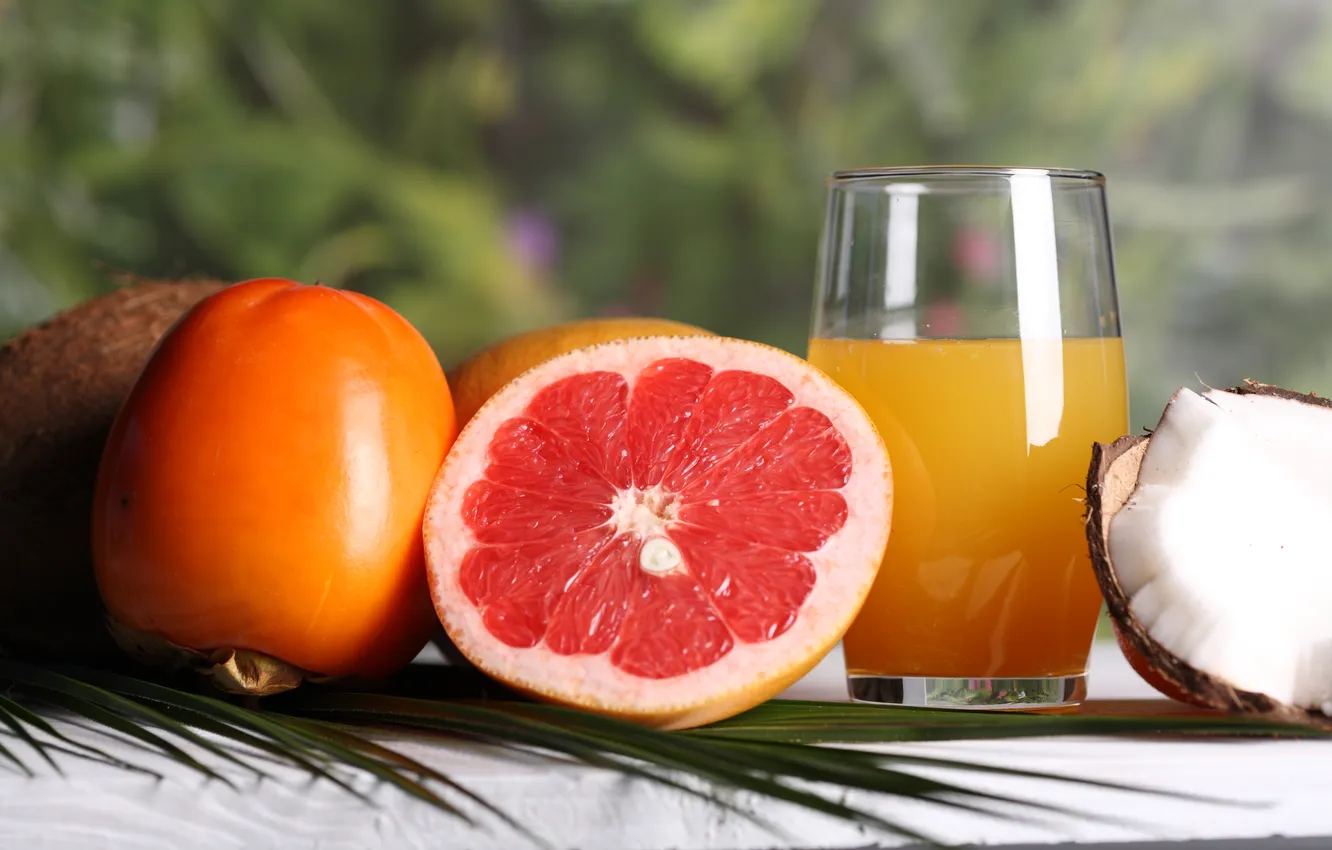 Фото обои кокос, сок, фрукты, грейпфрут, хурма, апельсиновый