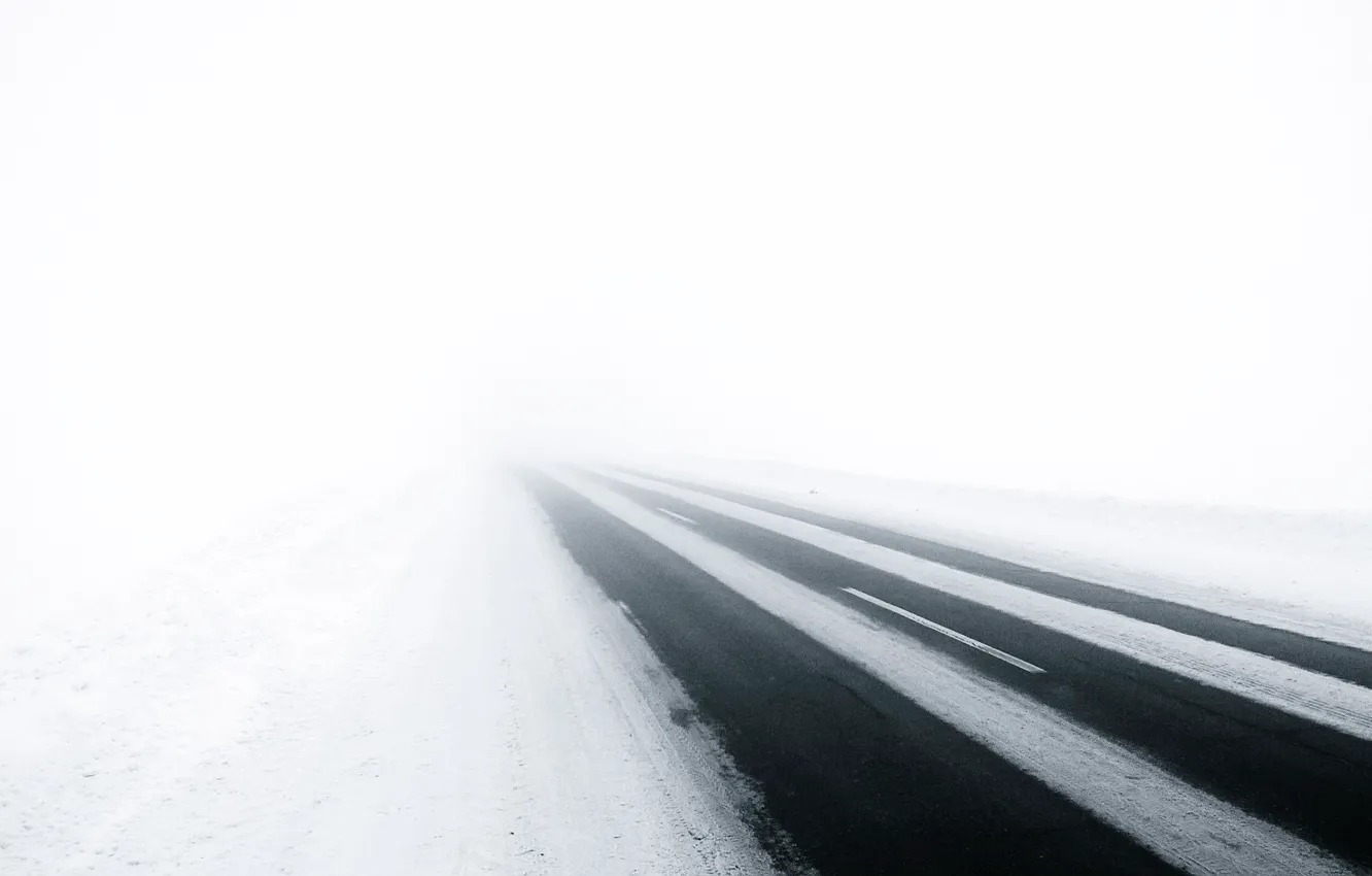 Фото обои холод, дорога, белый, асфальт, снег, туман, путь, Бездна