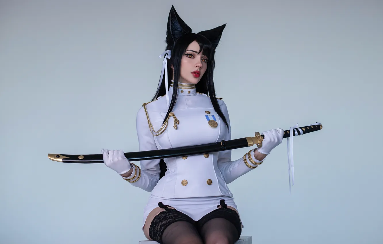 Фото обои катана, чулки, кружево, cosplay, Xenon, Косплей, cosplay girl, Alin Ma