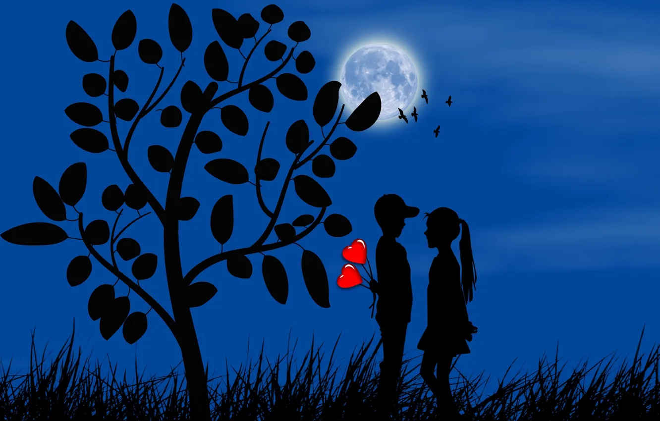 Фото обои луна, романтика, мальчик, девочка, сердечки, силуэты, свидание, первая любовь