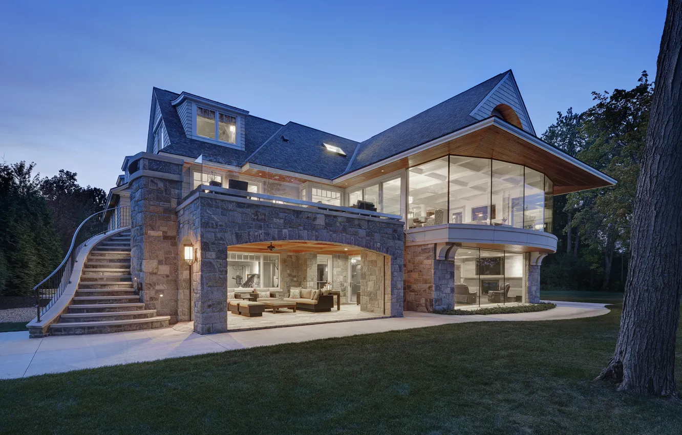Фото обои вилла, вечер, освещение, Мичиган, архитектура, Michigan, Lake House, outside-inside house