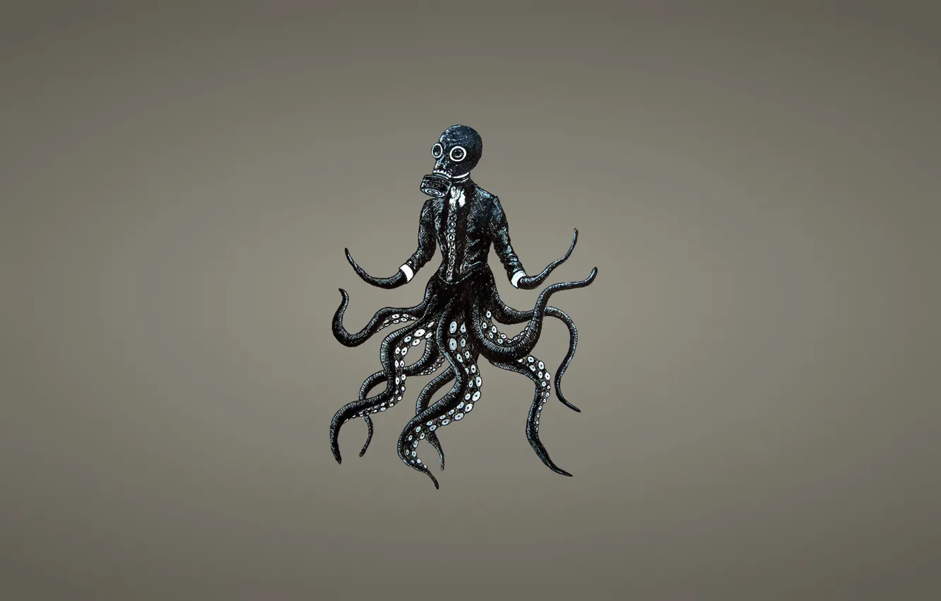 Фото обои осьминог, щупальца, противогаз, octopus, темноватый фон