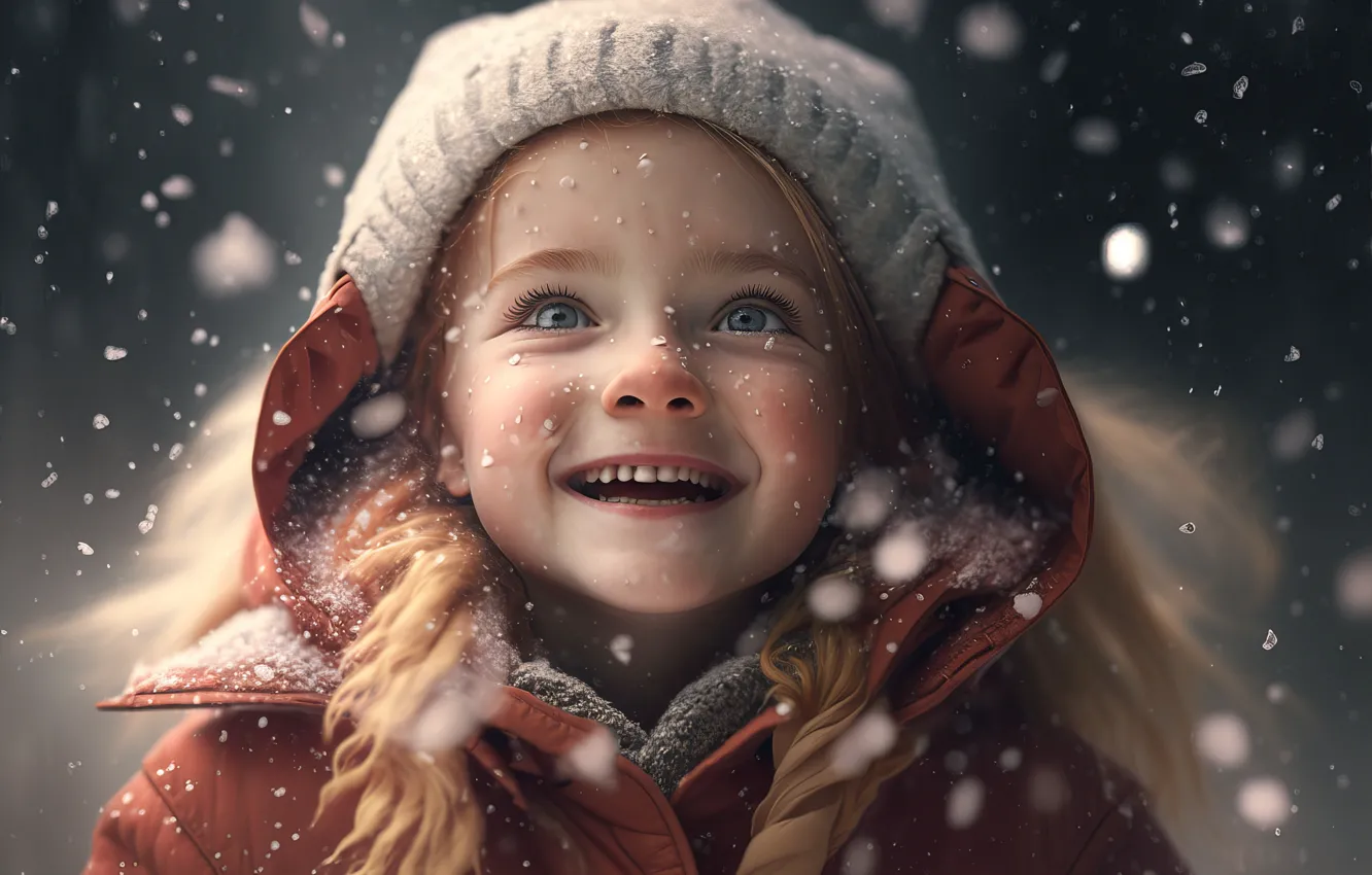 Фото обои зима, взгляд, снег, радость, детство, лицо, улыбка, настроение