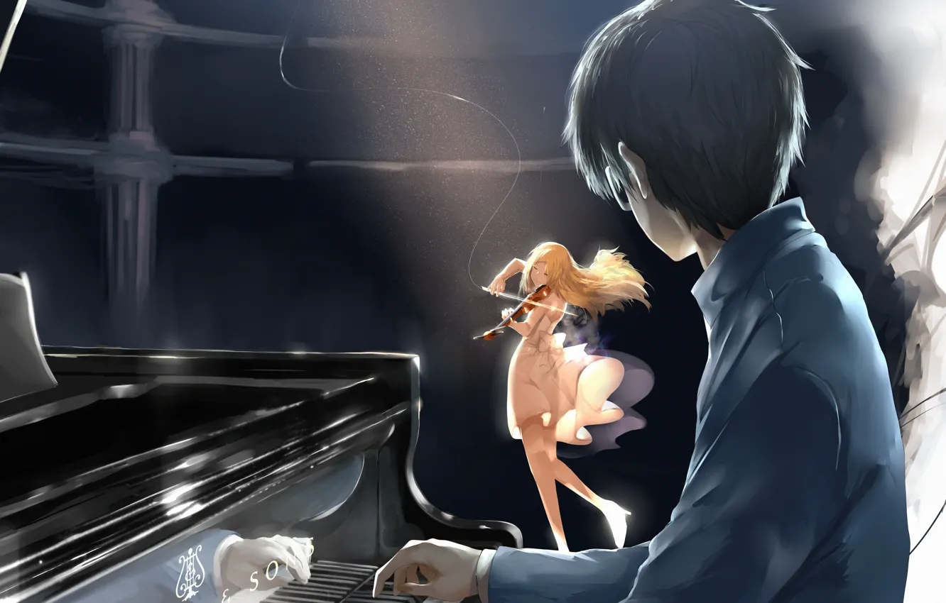 Фото обои музыка, Девушка, Скрипка, блондинка, фортепиано, пианино, брюнет, Shigatsu wa Kimi no Uso