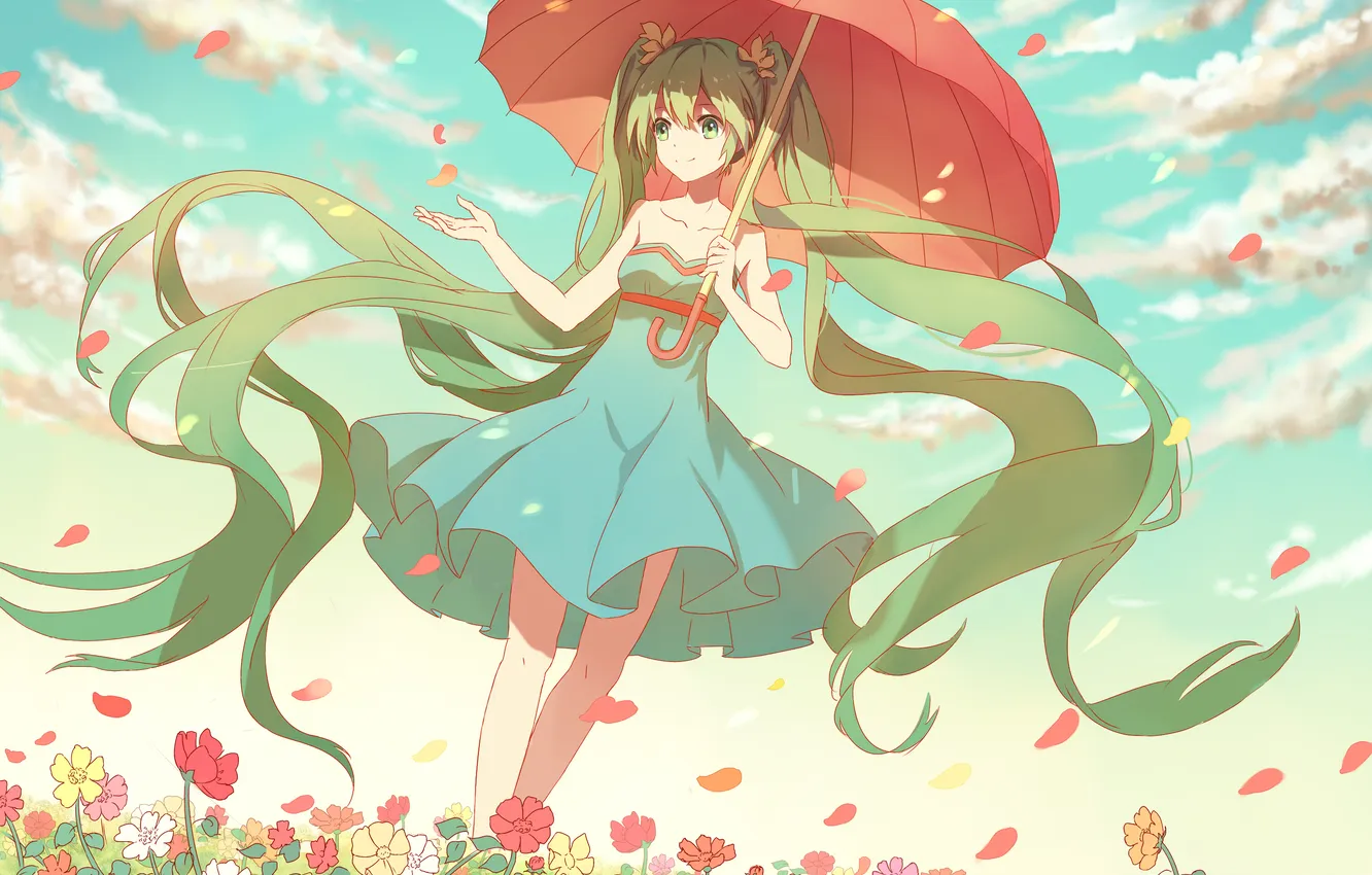 Фото обои девушка, цветы, зонт, аниме, лепестки, арт, vocaloid, hatsune miku