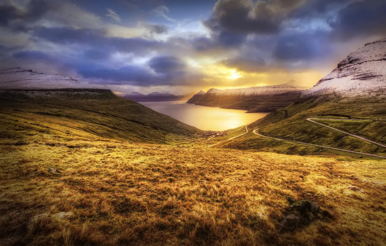 Фото обои закат, горы, океан, равнина, Дания, Faroe Islands, Фарерские острова