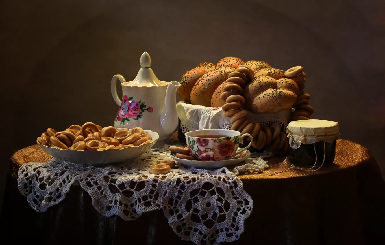 Фото обои чай, выпечка, баранки, батон