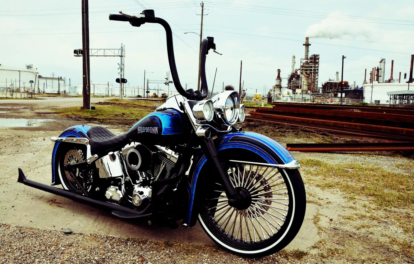 Фото обои Harley Davidson, Custom, Motorcycle, Bllue