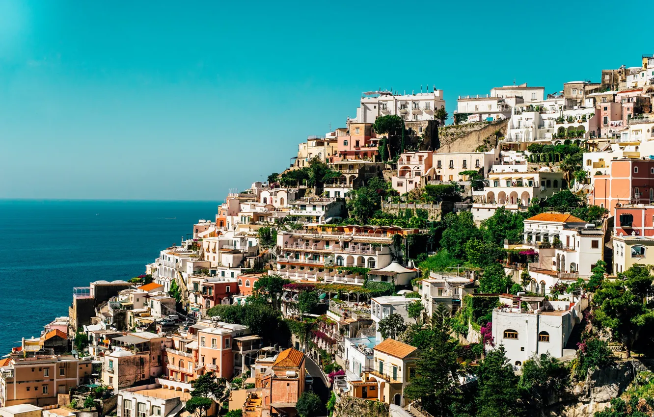 Фото обои sea, ocean, Italy, Campania, houses, Amalfi Coast, Salerno, sunny