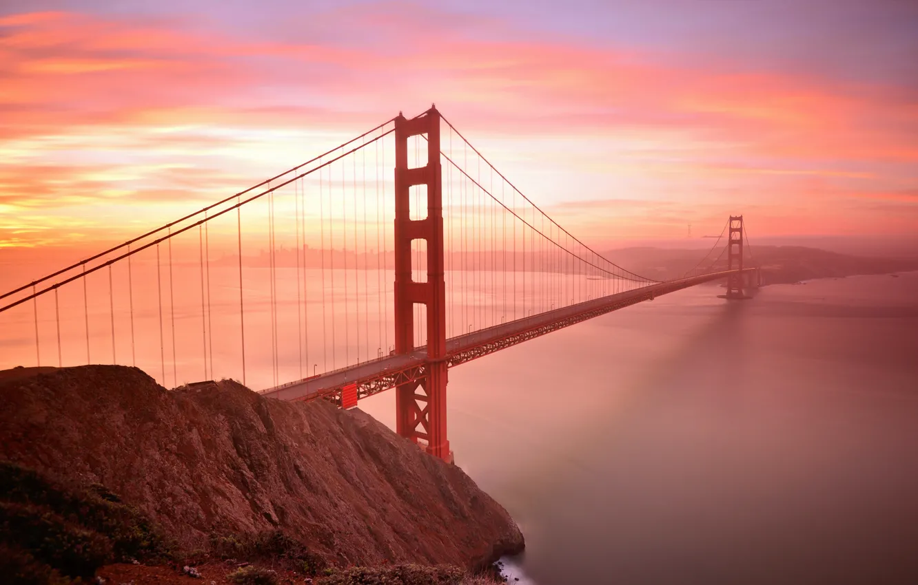 Фото обои небо, облака, закат, мост, залив, Сан-Франциско, Золотые ворота
