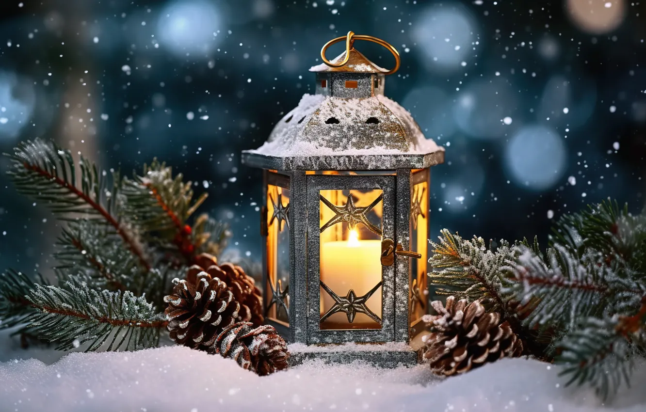 Фото обои зима, снег, украшения, ночь, Новый Год, Рождество, фонарь, light