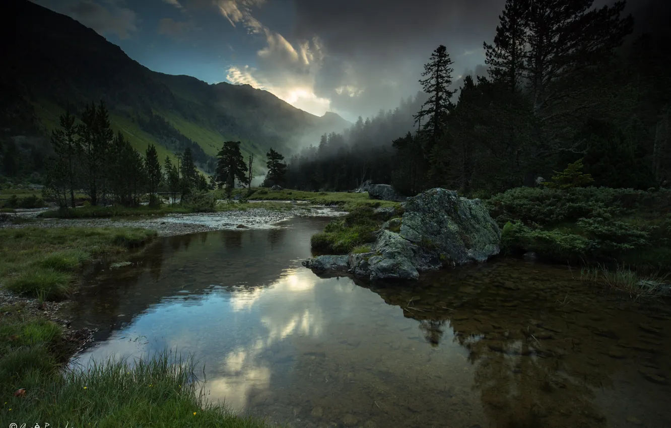 Фото обои деревья, горы, природа, отражение, река, Agnеs Perrodon