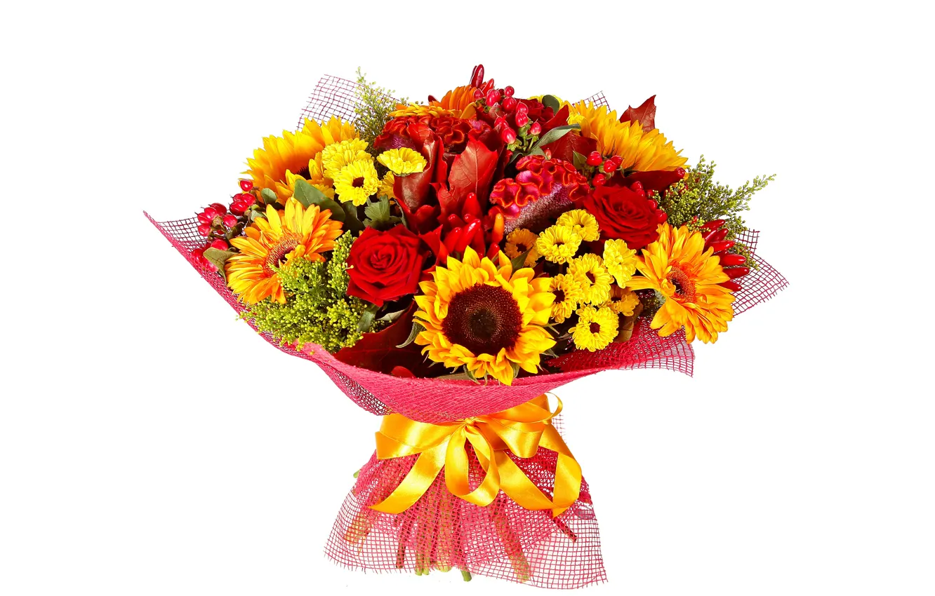 Фото обои подсолнухи, цветы, розы, букет, желтые, красные, белый фон, герберы
