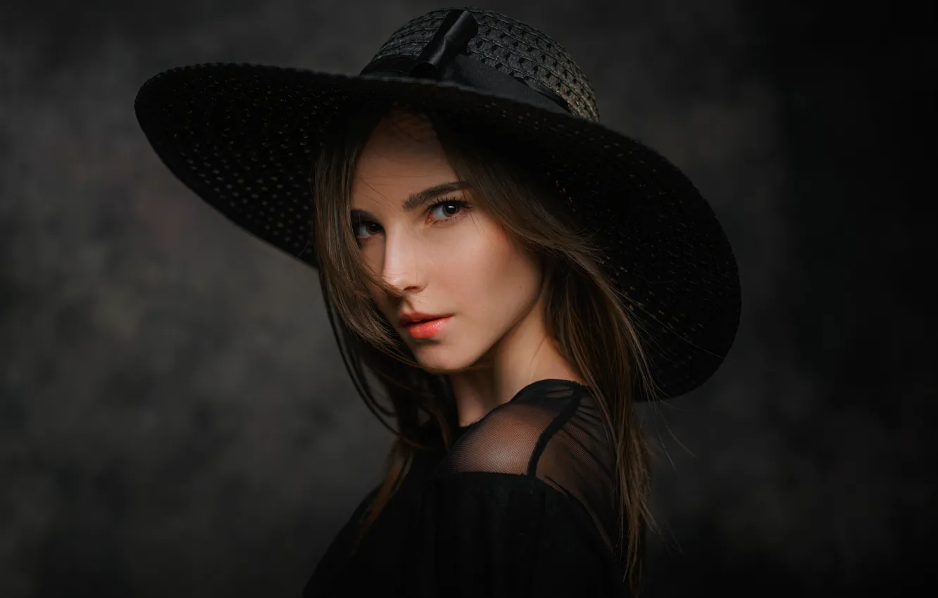 Фото обои взгляд, девушка, портрет, шляпа, брюнетка, Черепко Павел