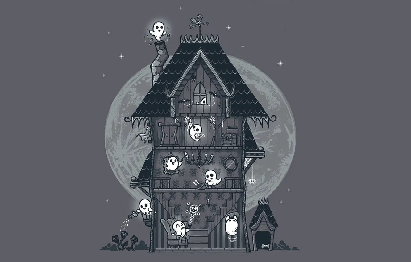 Фото обои дом, луна, приведения, призраки, хэллоуин