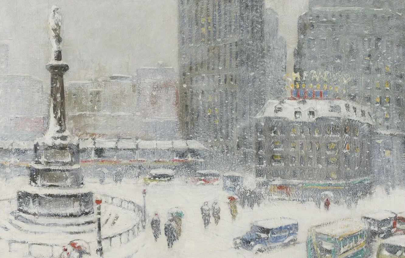 Фото обои зима, снег, картина, площадь, городской пейзаж, Guy Carleton Wiggins, Колумбус-Серкл