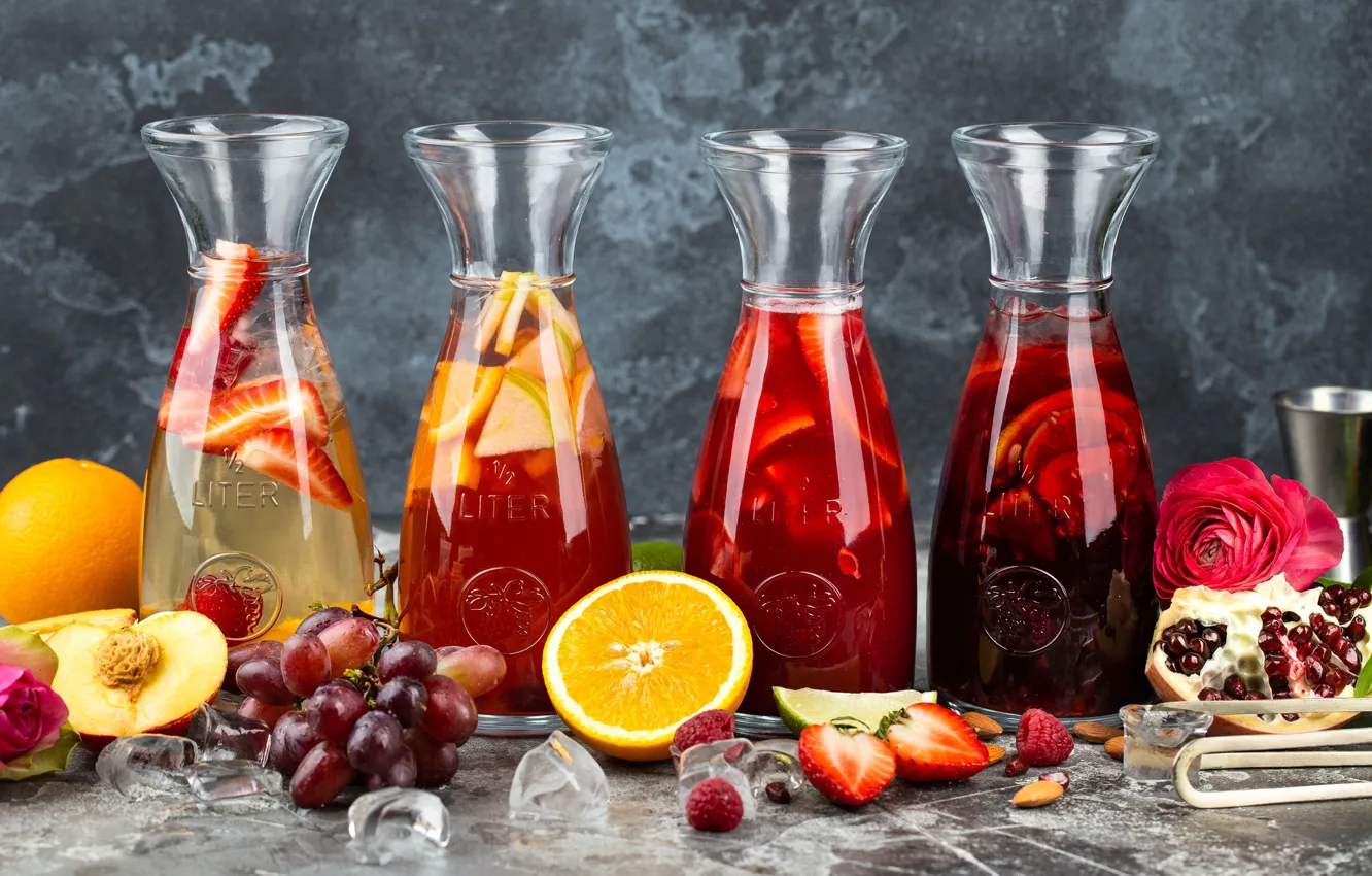 Фото обои ягоды, апельсин, сок, виноград, Напиток, цитрусы