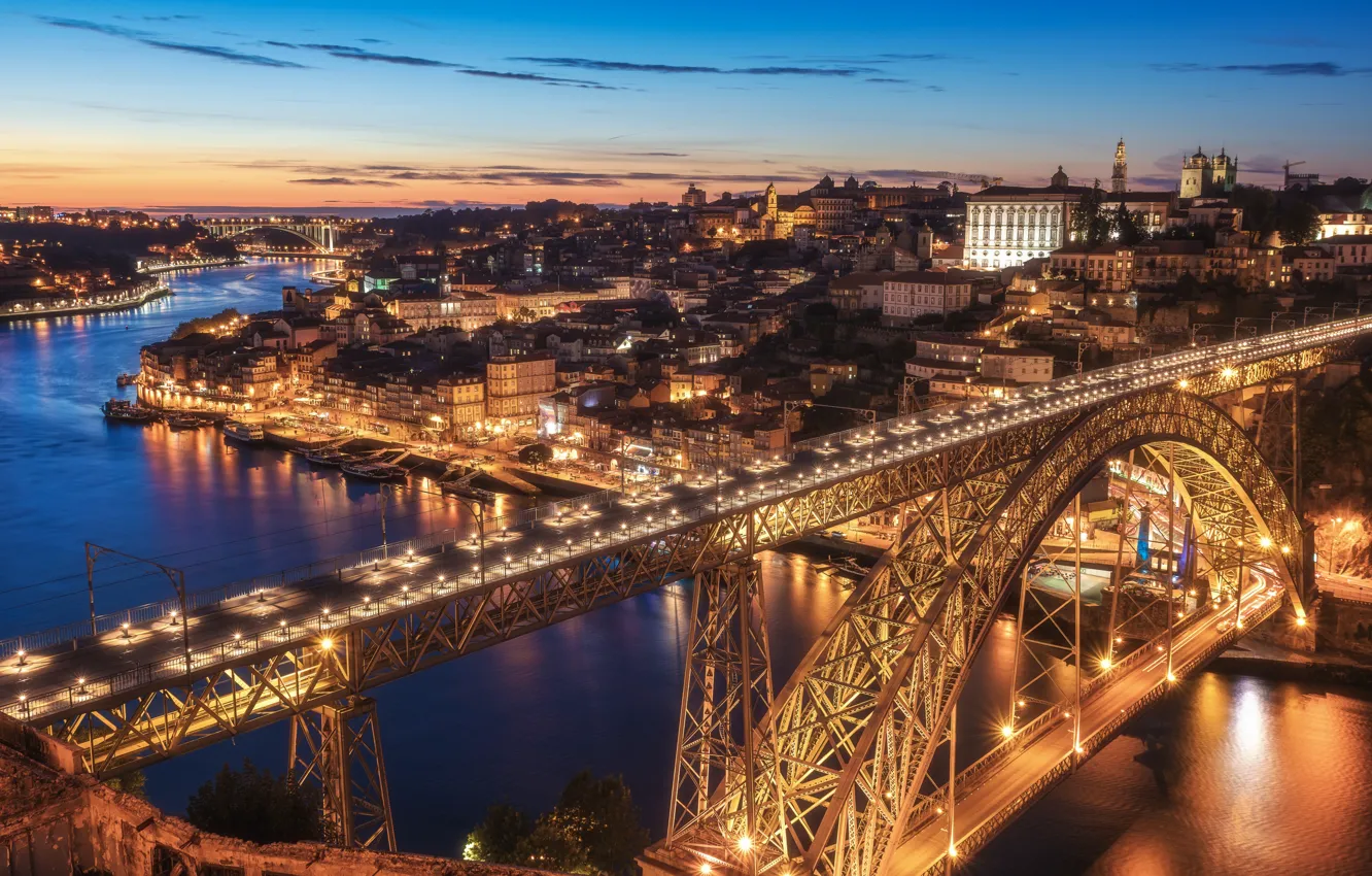 Фото обои закат, мост, река, Португалия, ночной город, Portugal, Vila Nova de Gaia, Porto