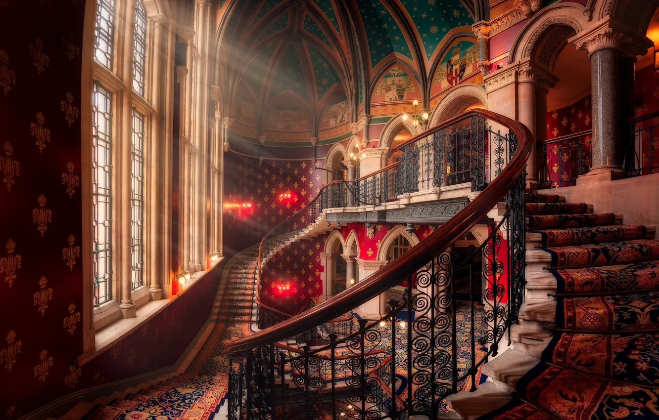 Фото обои лучи, окно, лестница, rays, window, stairs, Hernan Calderon Velasco, St. Pancras Renaissance London Hotel