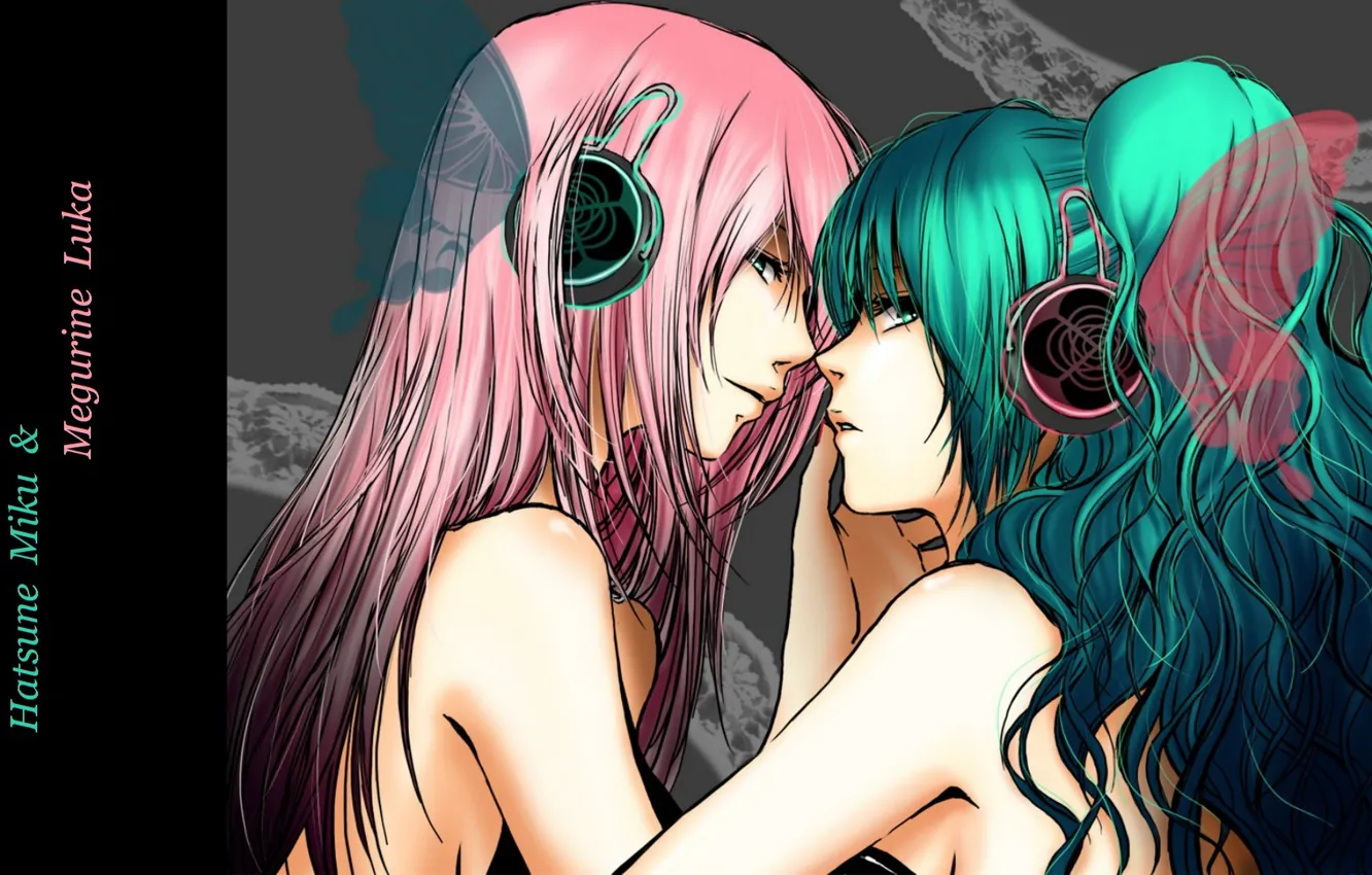 Фото обои взгляд, наушники, кружева, vocaloid, Hatsune Miku, плечи, длинные волосы, розовые волосы