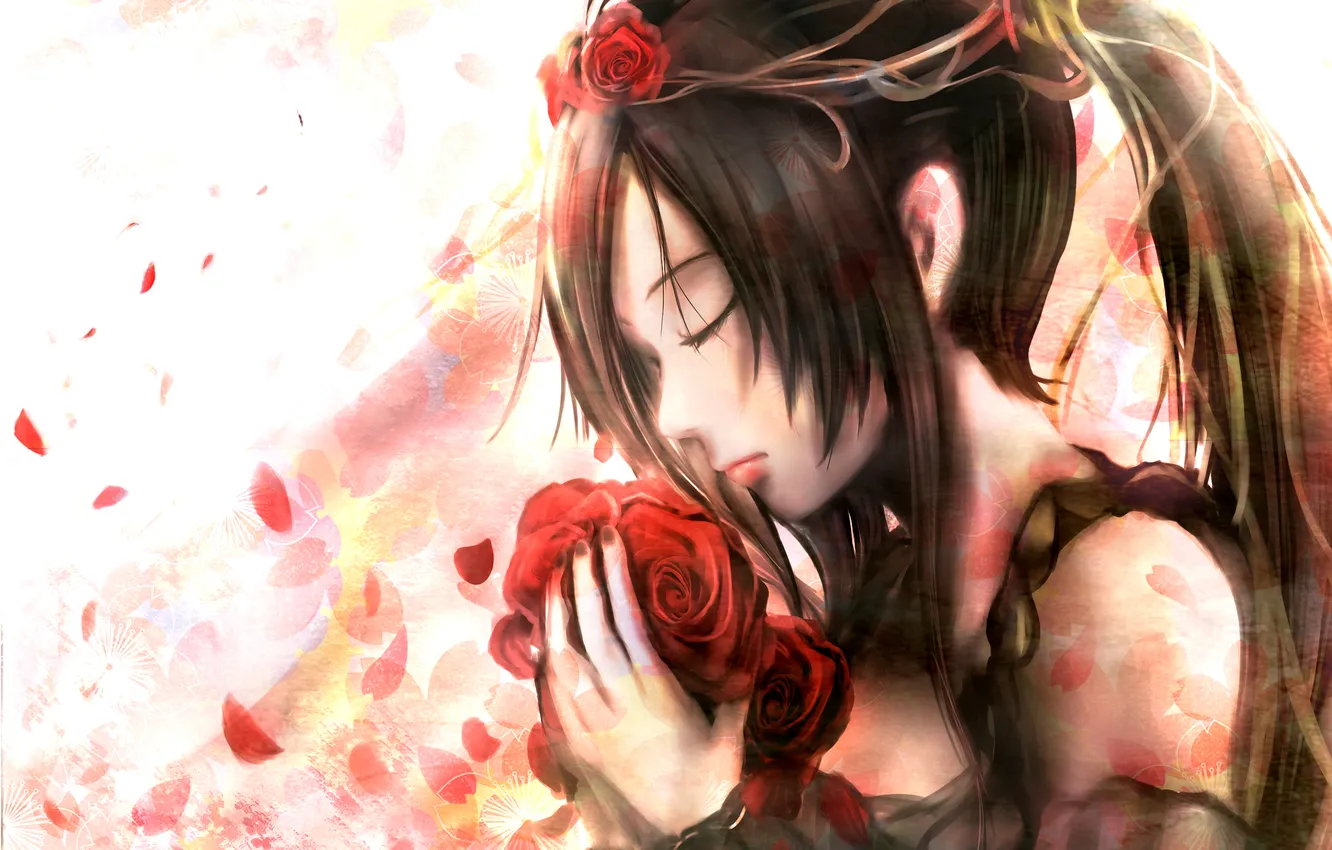 Фото обои девушка, цветы, ветер, розы, букет, лепестки, art, zhang xiao bo