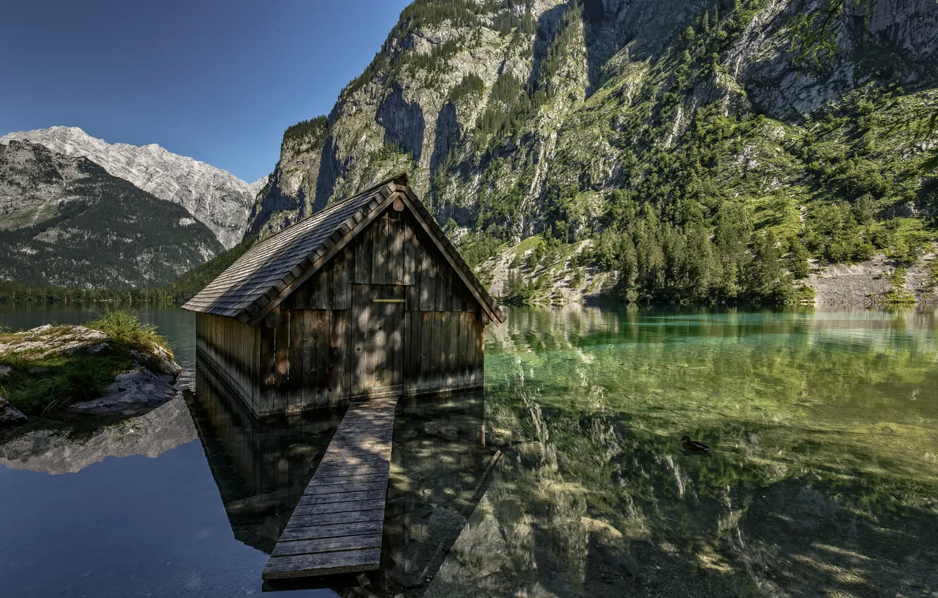 Фото обои деревья, горы, Германия, Бавария, домик, озеро Кёнигсзе
