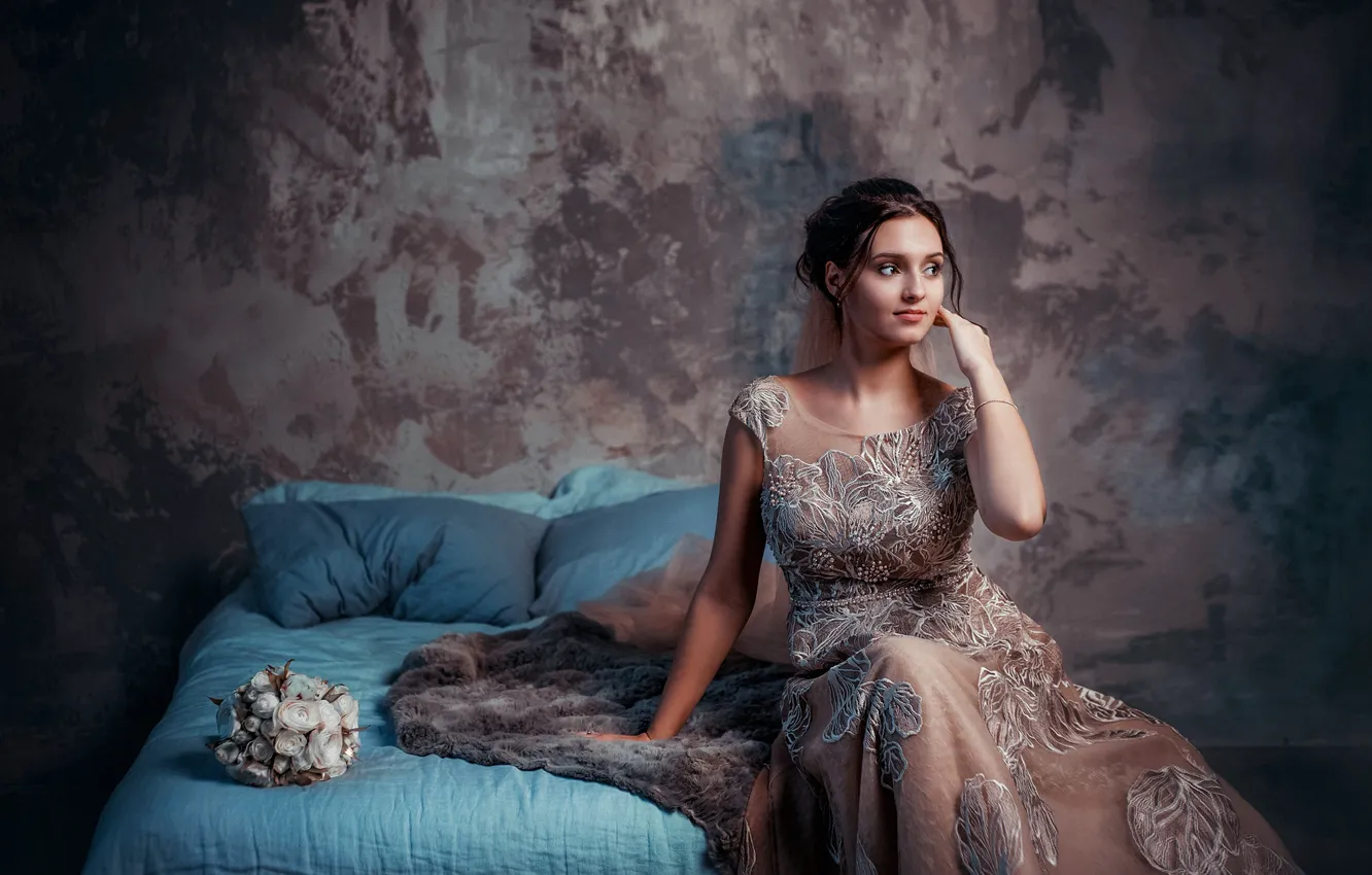 Фото обои девушка, букет, невеста