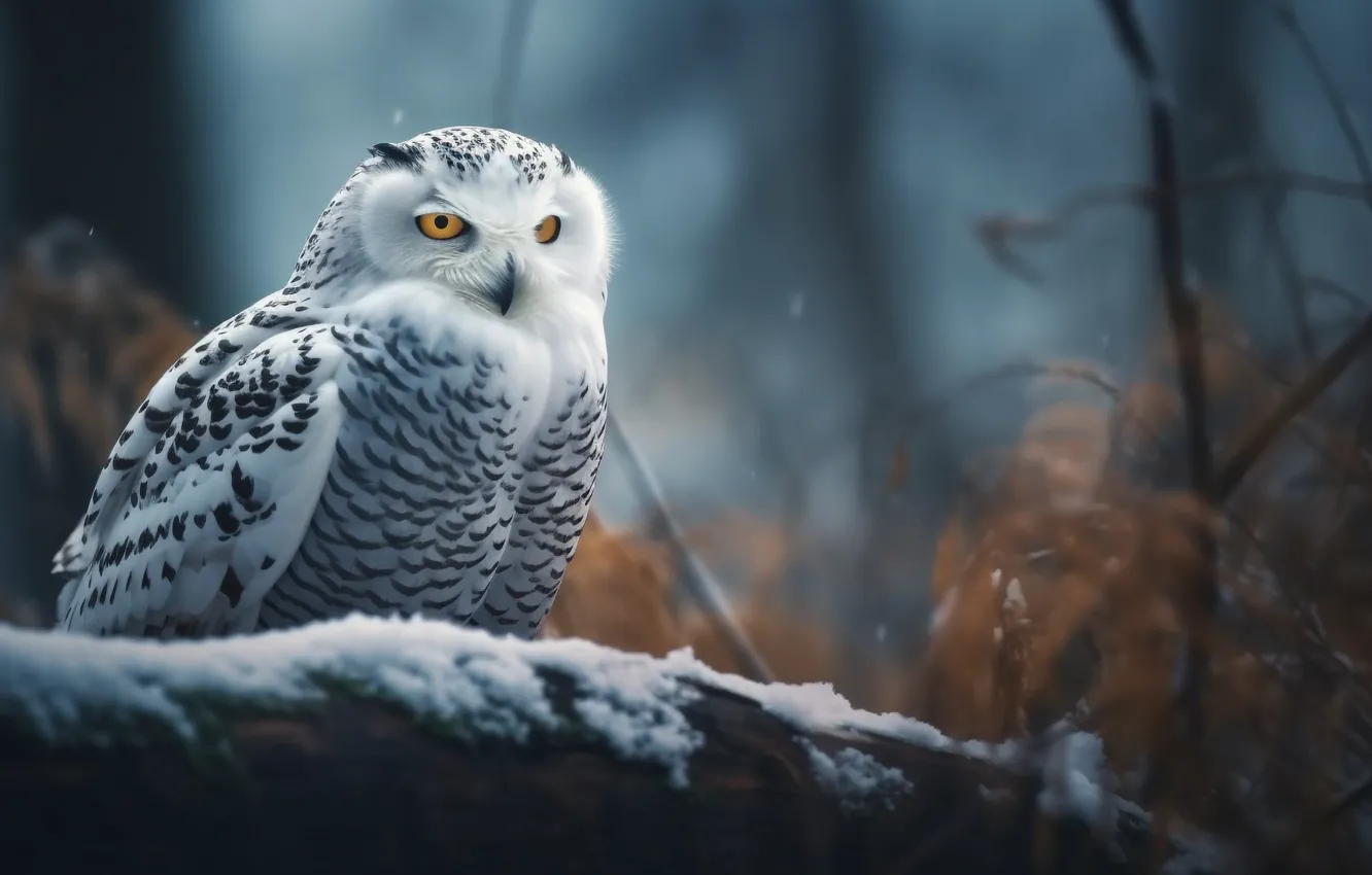 Фото обои зима, лес, белый, взгляд, снег, деревья, ветки, сова