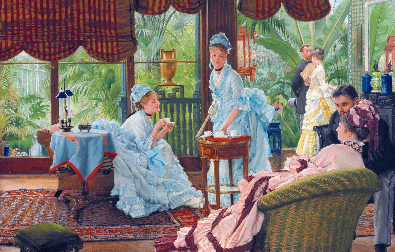 Фото обои Девушки, Картина, Интерьер, Джеймс Тиссо, James Tissot, В консерватории, Французский художник