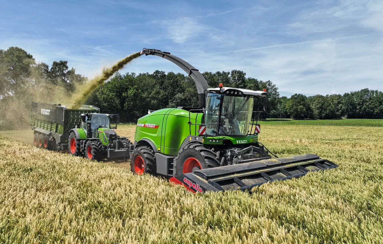 Фото обои поле, трактор, комбайн, уборка урожая, Fendt