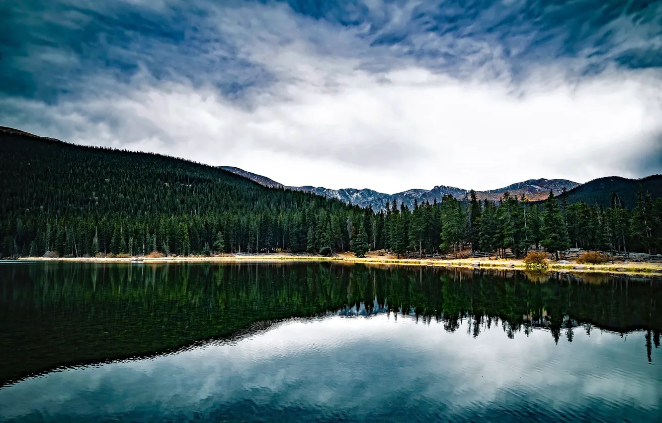 Фото обои лес, вода, облака, деревья, горы, озеро, отражение