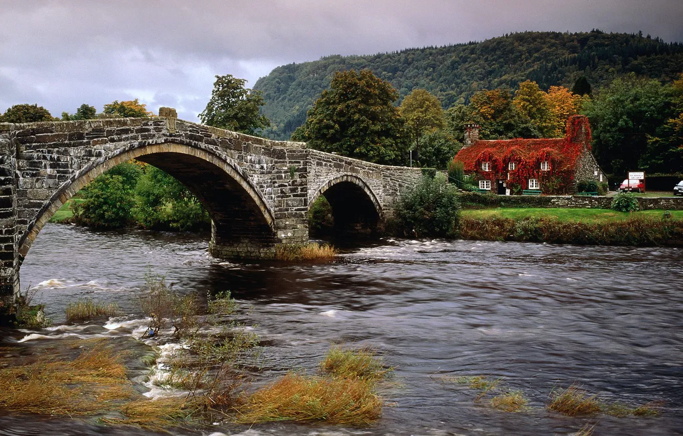 Фото обои мост, дом, река