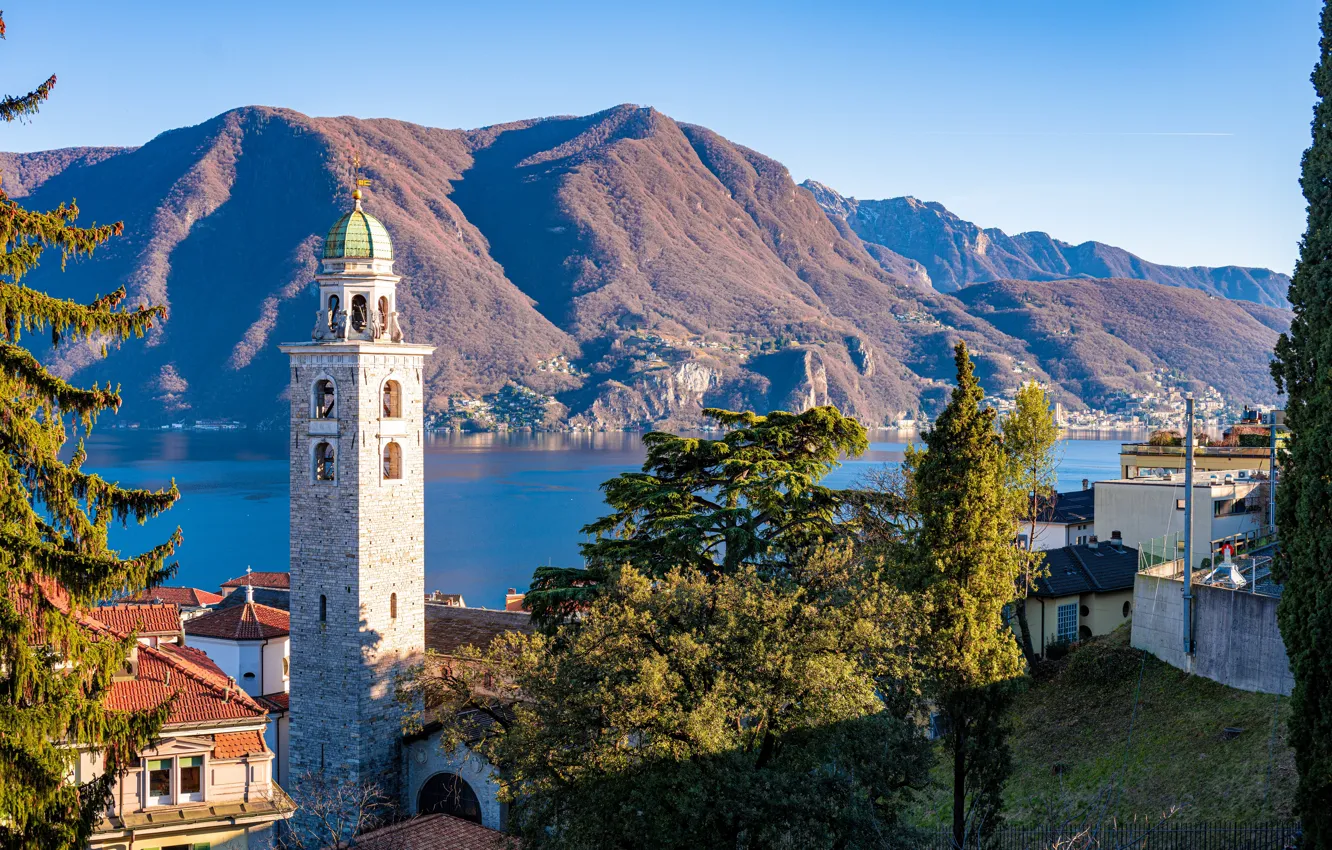 Фото обои горы, озеро, Швейцария, Lugano, Лугано