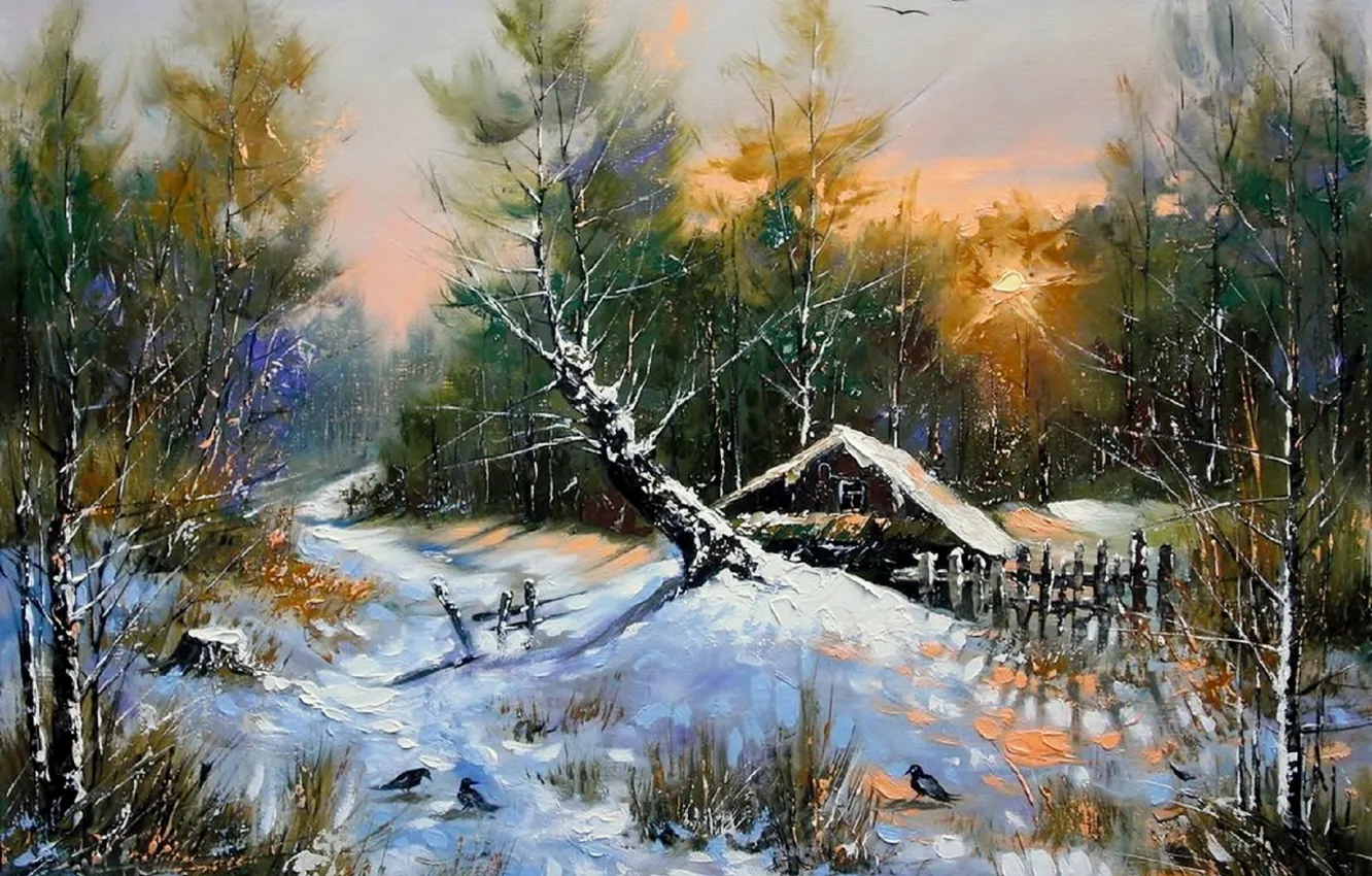 Фото обои зима, лес, снег, пейзаж, птицы, дом, дерево, избушка