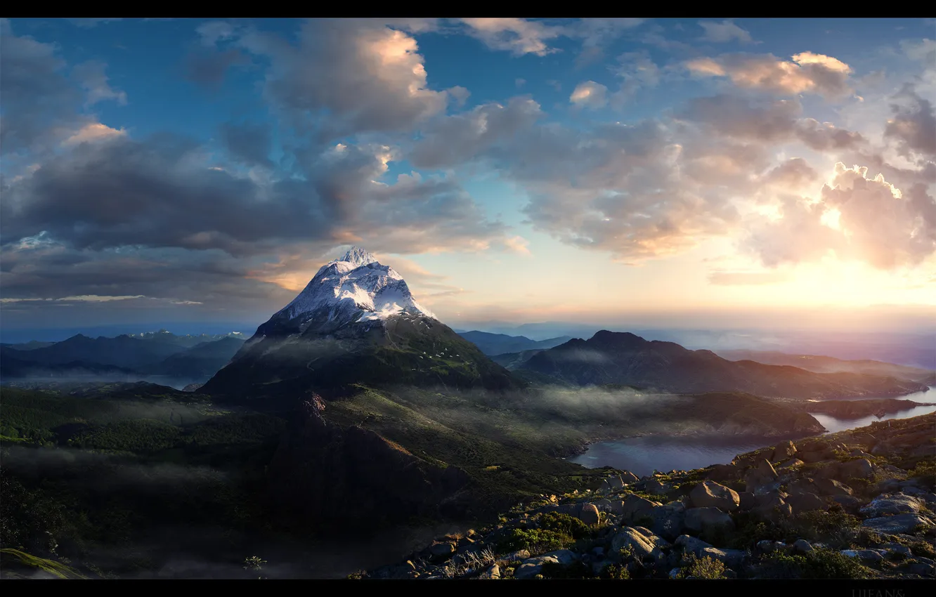 Фото обои горы, утро, рендер, mountain morning
