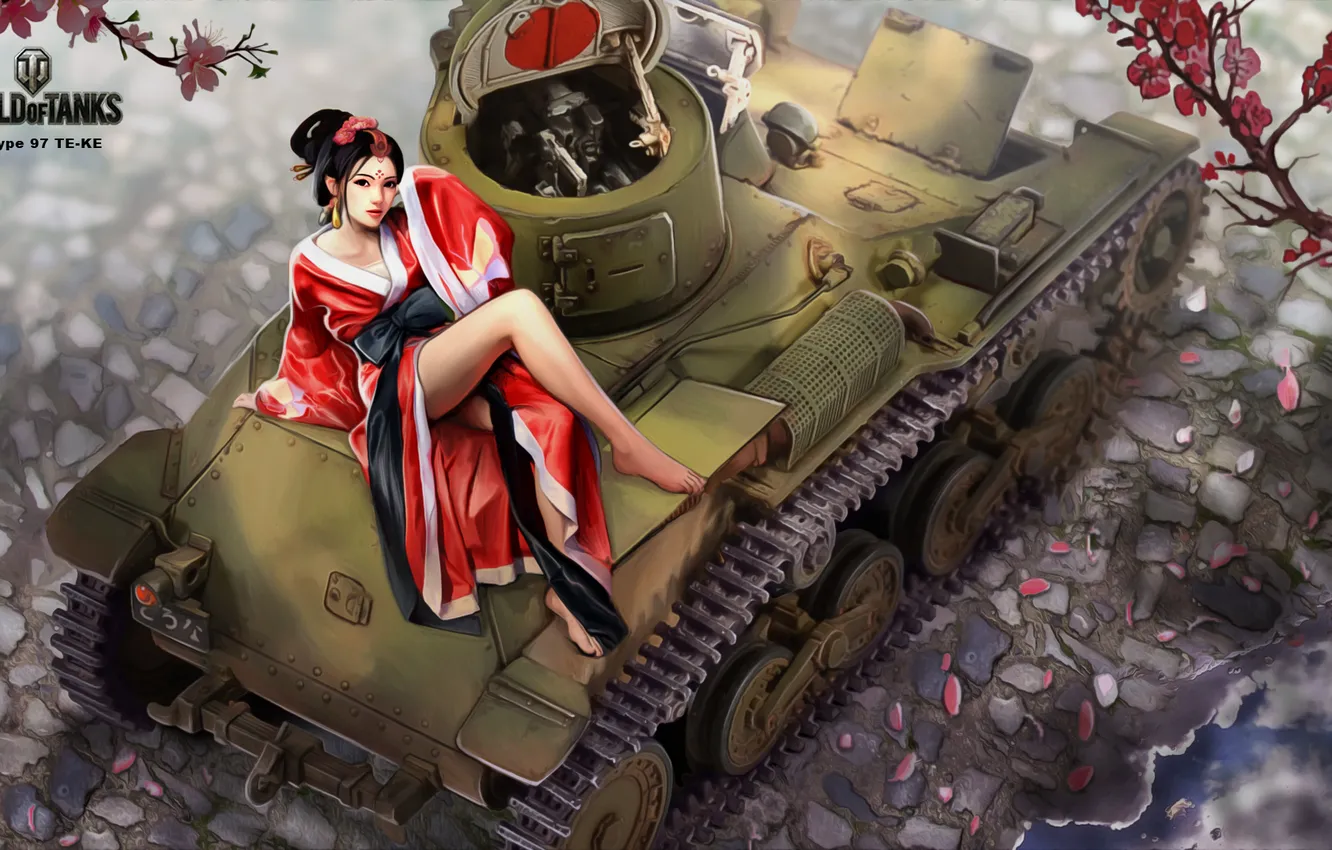 Фото обои девушка, японка, рисунок, легкий, арт, танк, азиатка, японский