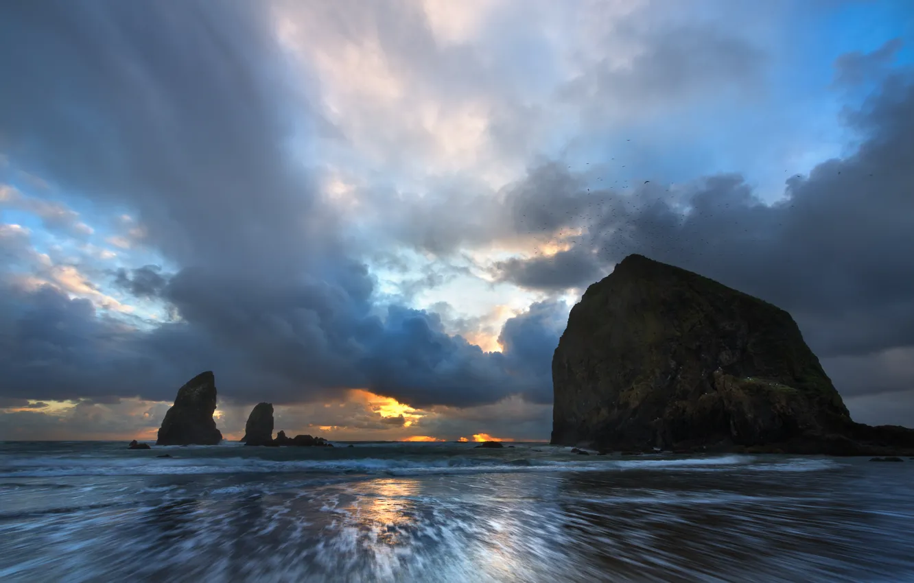 Фото обои пляж, скалы, рассвет, oregon coast, cannon beach